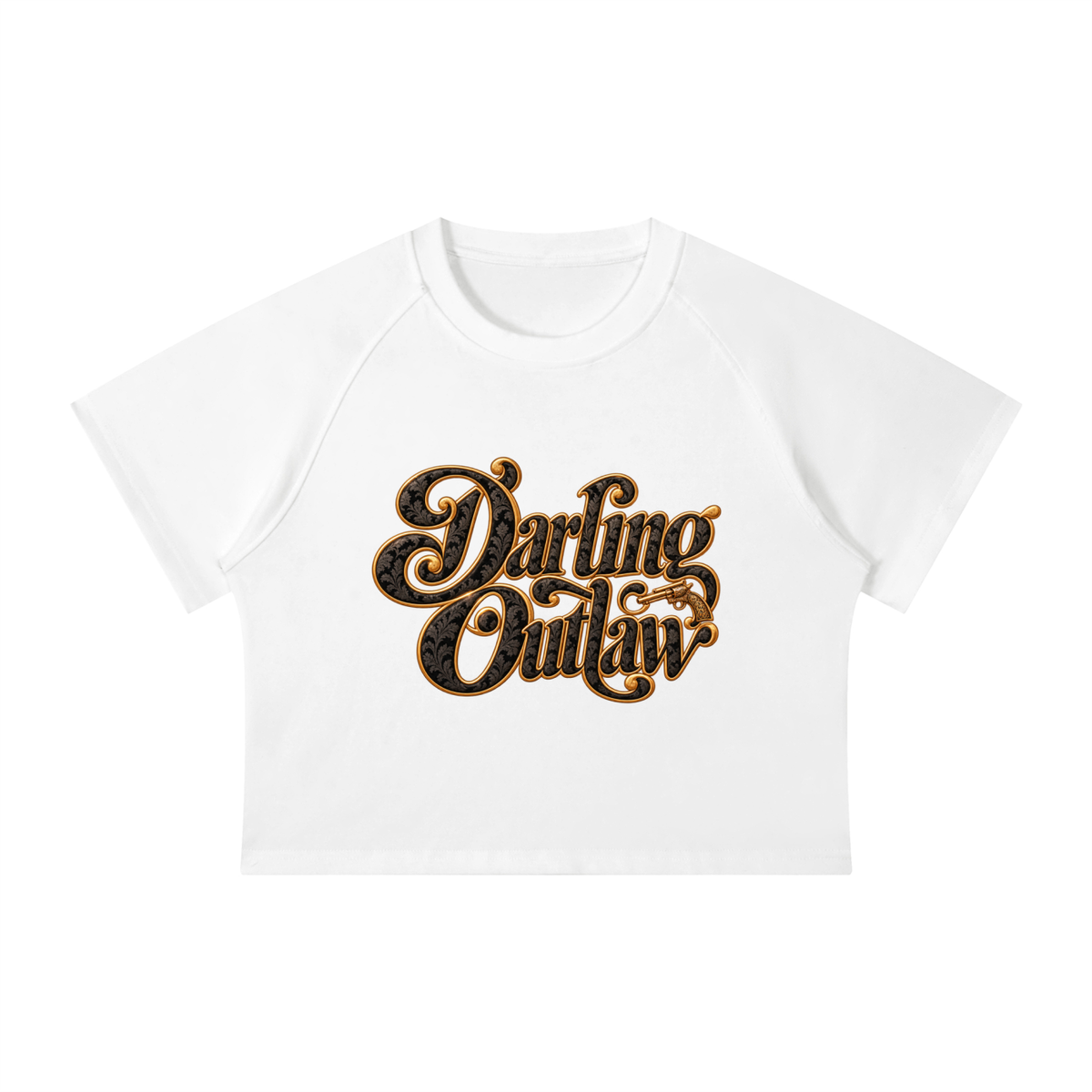 White Darling Outlaw cropped raglan tee with black-and-gold lettering — product view 6
