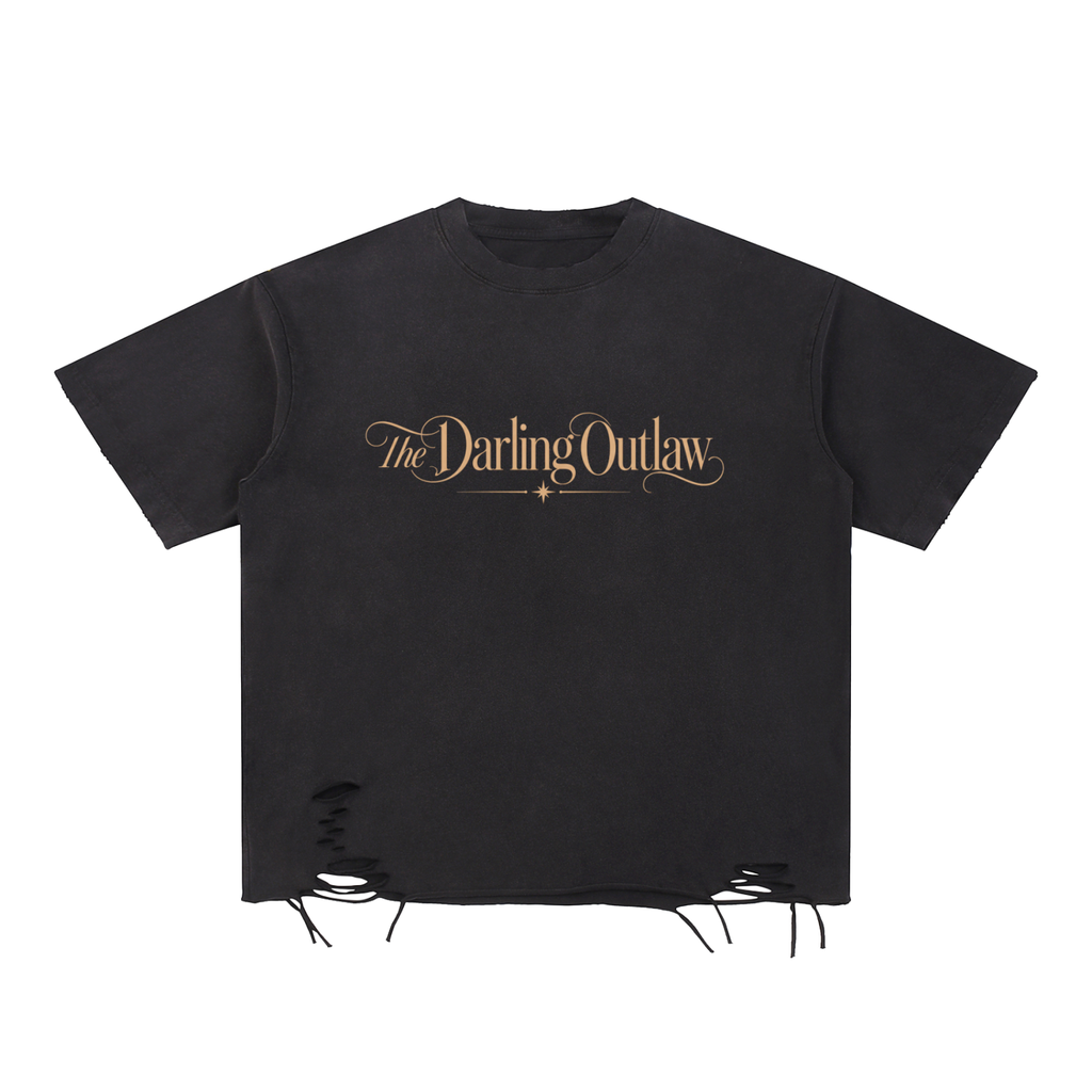 Black The Darling Outlaw distressed graphic tee with gold lettering and raw hem — product view 2