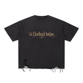 Black The Darling Outlaw distressed graphic tee with gold lettering and raw hem — product view 2