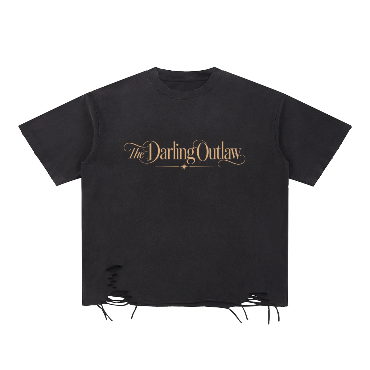 Black The Darling Outlaw distressed graphic tee with gold lettering and raw hem — product view 2