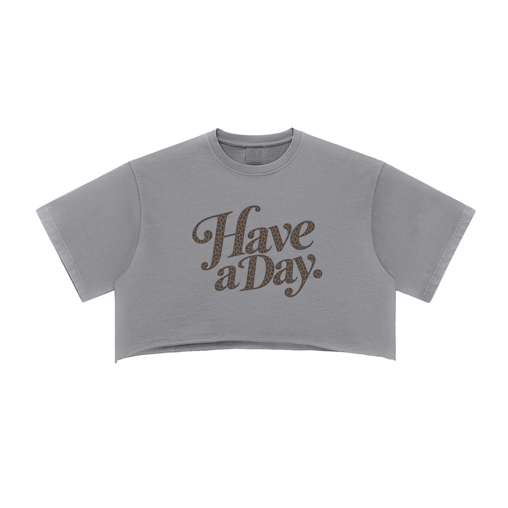 Gray Have a Day leopard-lettered cropped tee with raw hem — product view 2