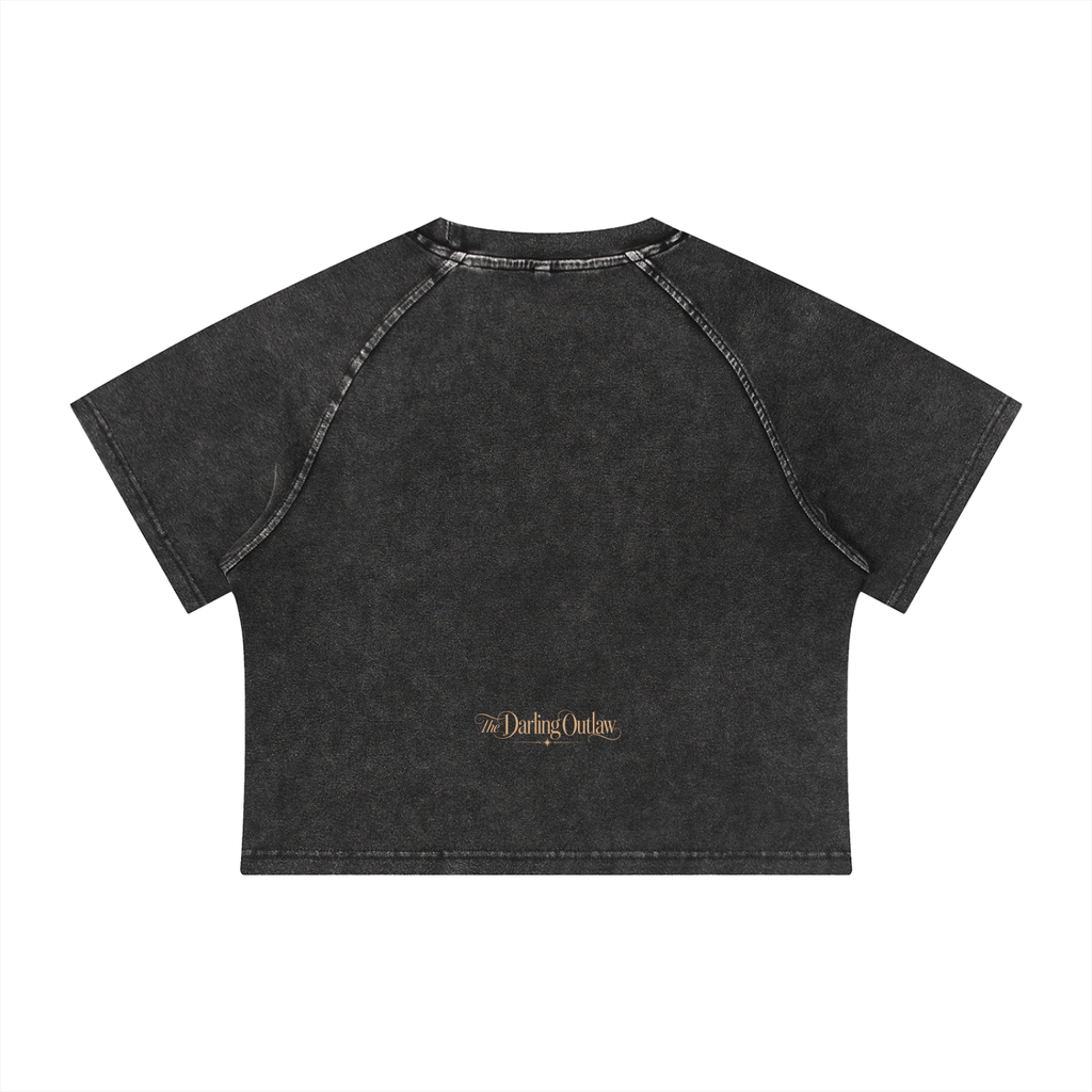 Honey and Hellfire cropped raglan tee with honey-gold lettering and bee detail — product view 5