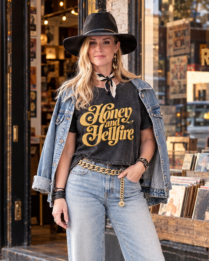 Honey and Hellfire cropped raglan tee with honey-gold lettering and bee detail — product view 1