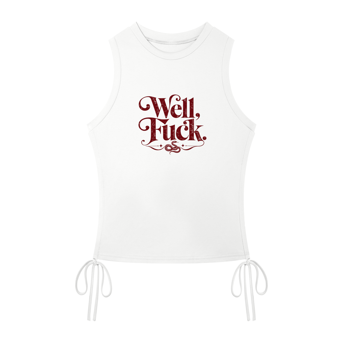White Well, Fuck sleeveless tank with burgundy lettering and a snake detail — product view 2