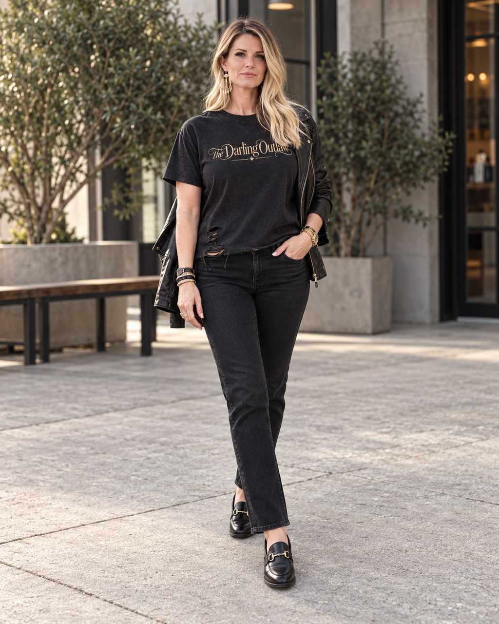 Black The Darling Outlaw distressed graphic tee with gold lettering and raw hem — product view 4