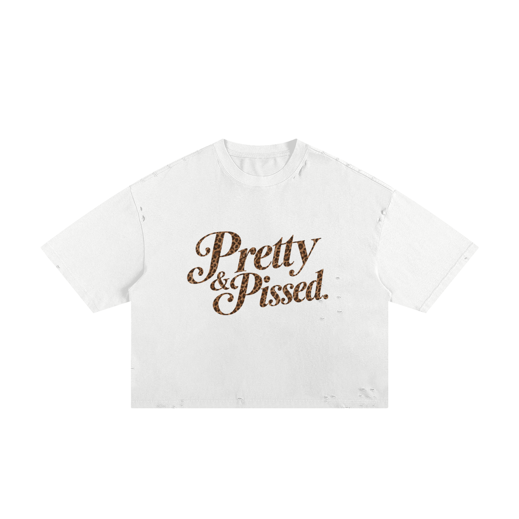 Pretty & Pissed frayed graphic tee with leopard-print lettering — product view 2