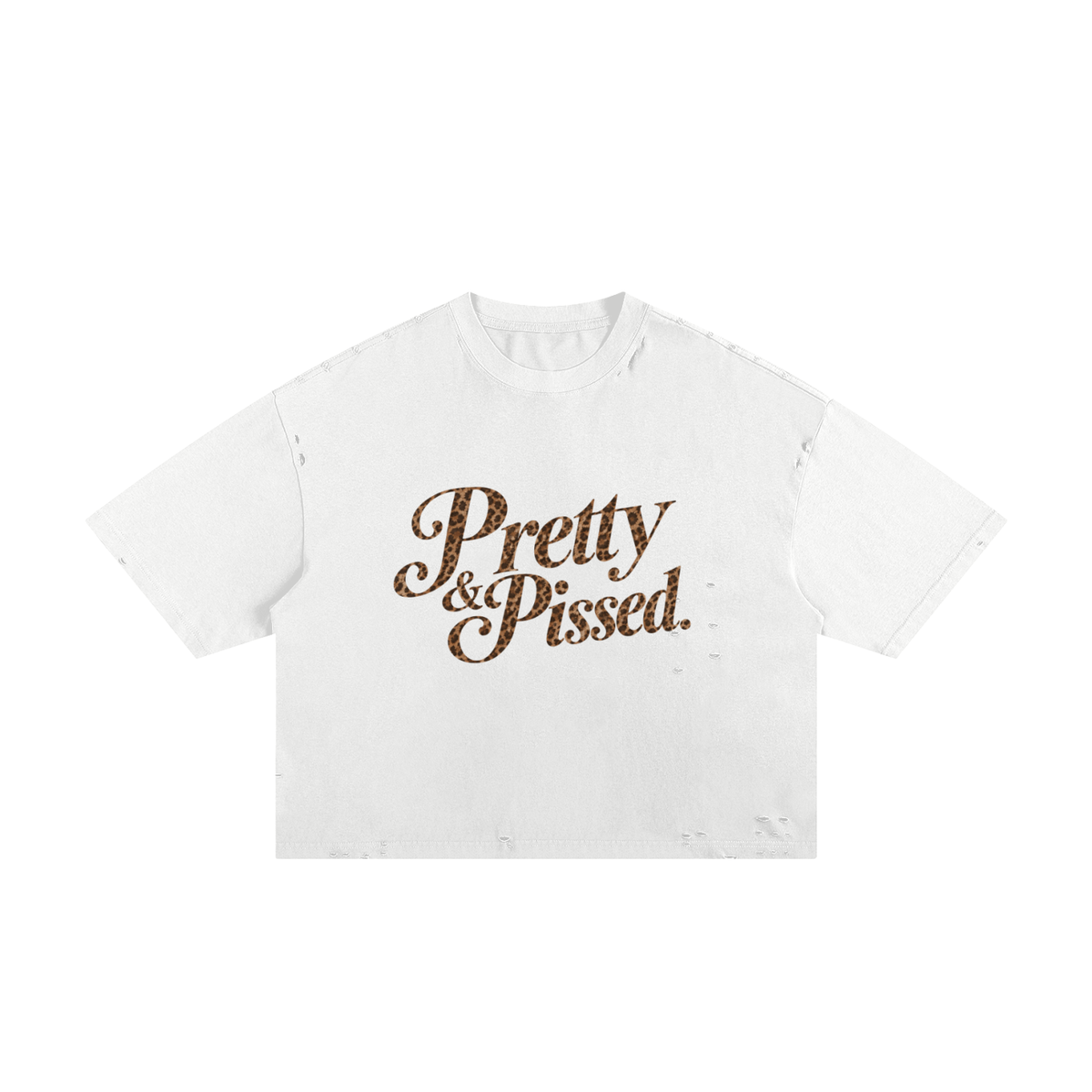 Pretty & Pissed frayed graphic tee with leopard-print lettering — product view 2