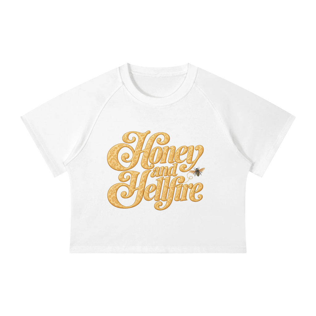 Honey and Hellfire cropped raglan tee with honey-gold lettering and bee detail — product view 6