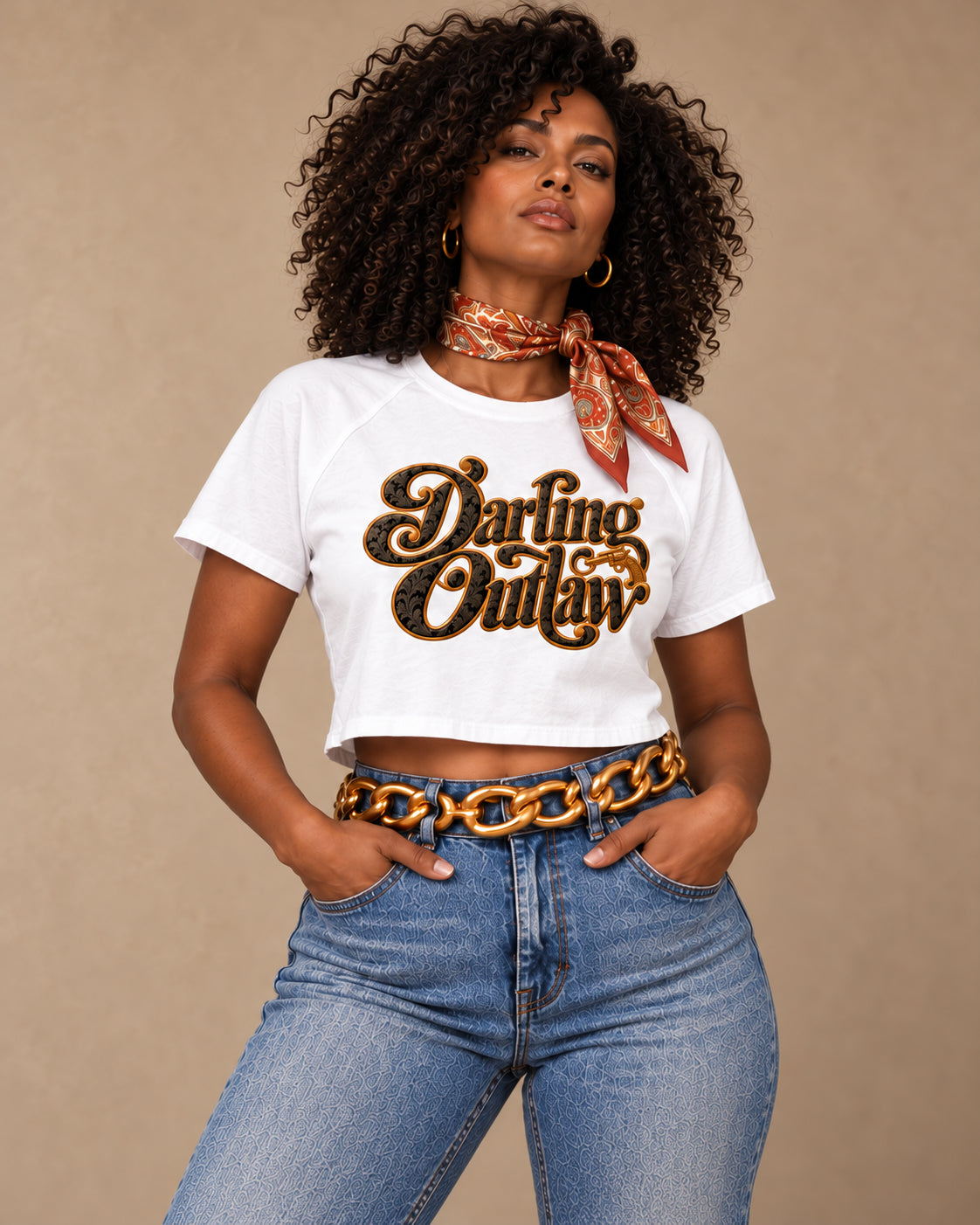 White Darling Outlaw cropped raglan tee with black-and-gold lettering — product view 3