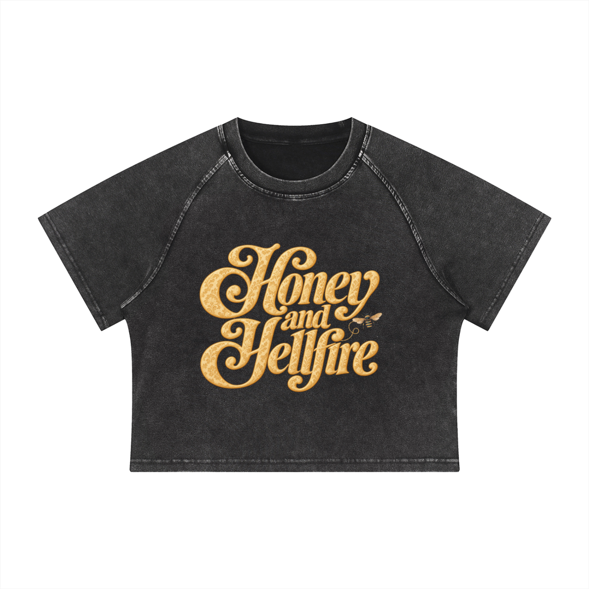 Honey and Hellfire cropped raglan tee with honey-gold lettering and bee detail — product view 2