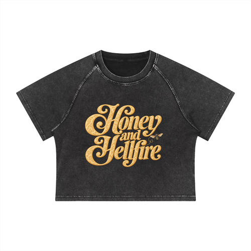 Honey and Hellfire cropped raglan tee with honey-gold lettering and bee detail — product view 2