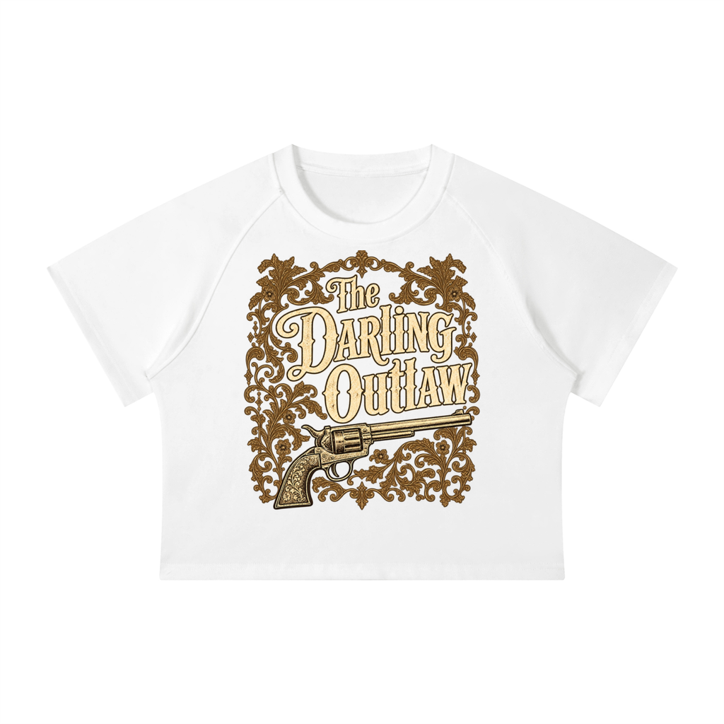 The Darling Applique raglan tee with antique-gold lettering and revolver artwork — product view 6