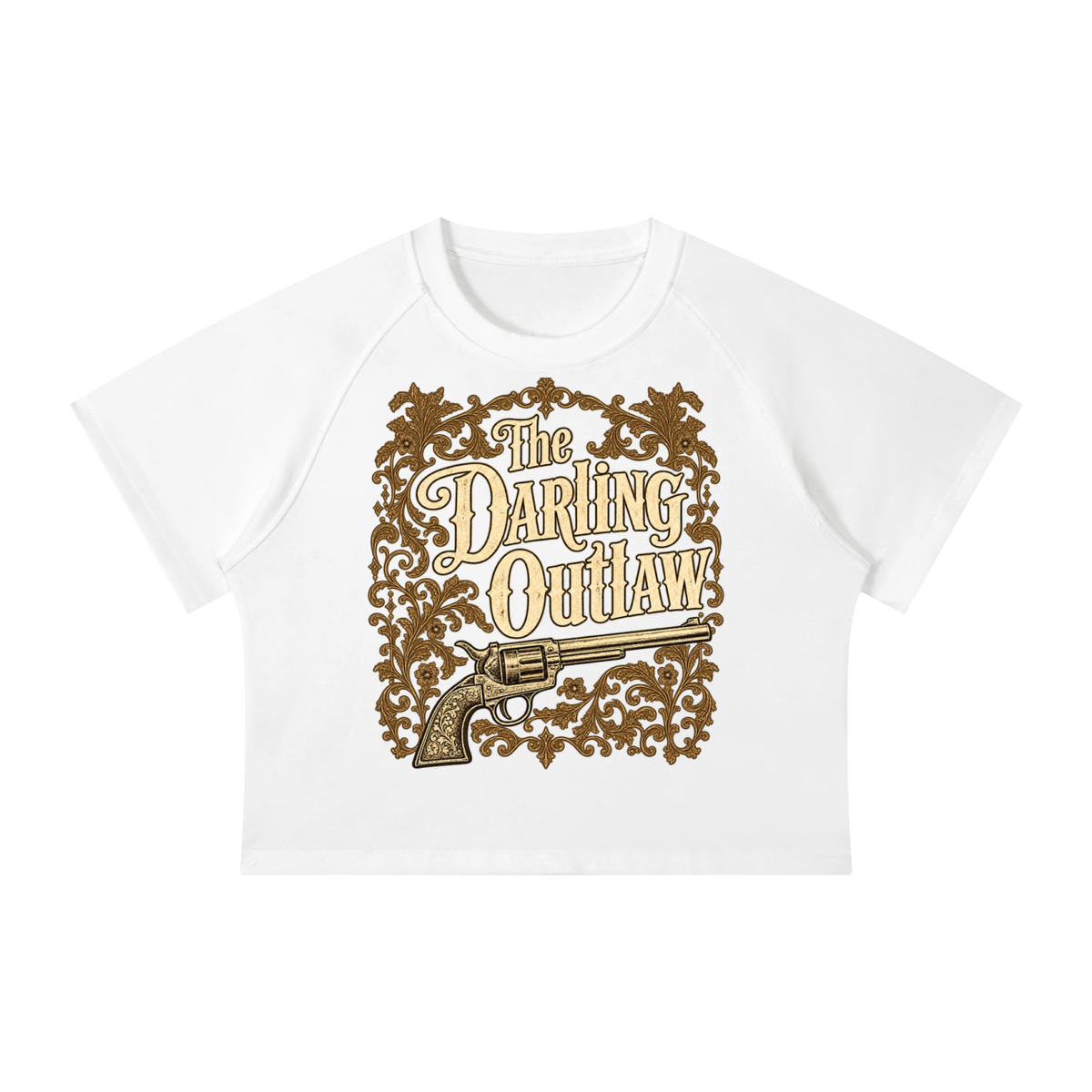 The Darling Applique raglan tee with antique-gold lettering and revolver artwork — product view 6