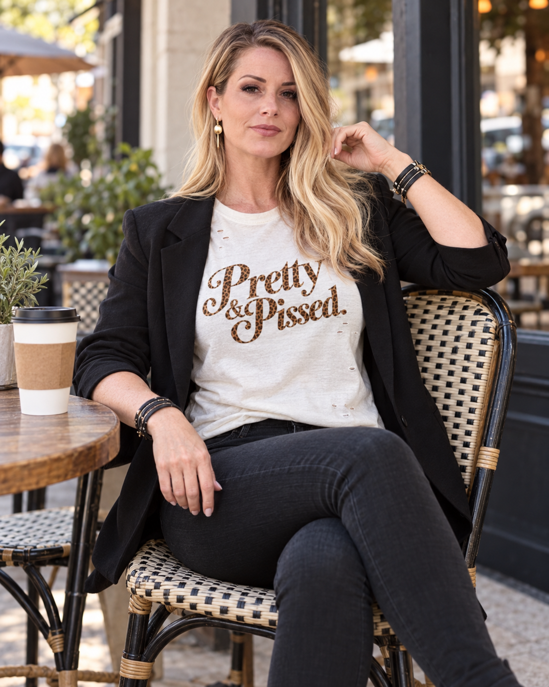 Pretty & Pissed frayed graphic tee with leopard-print lettering — product view 1