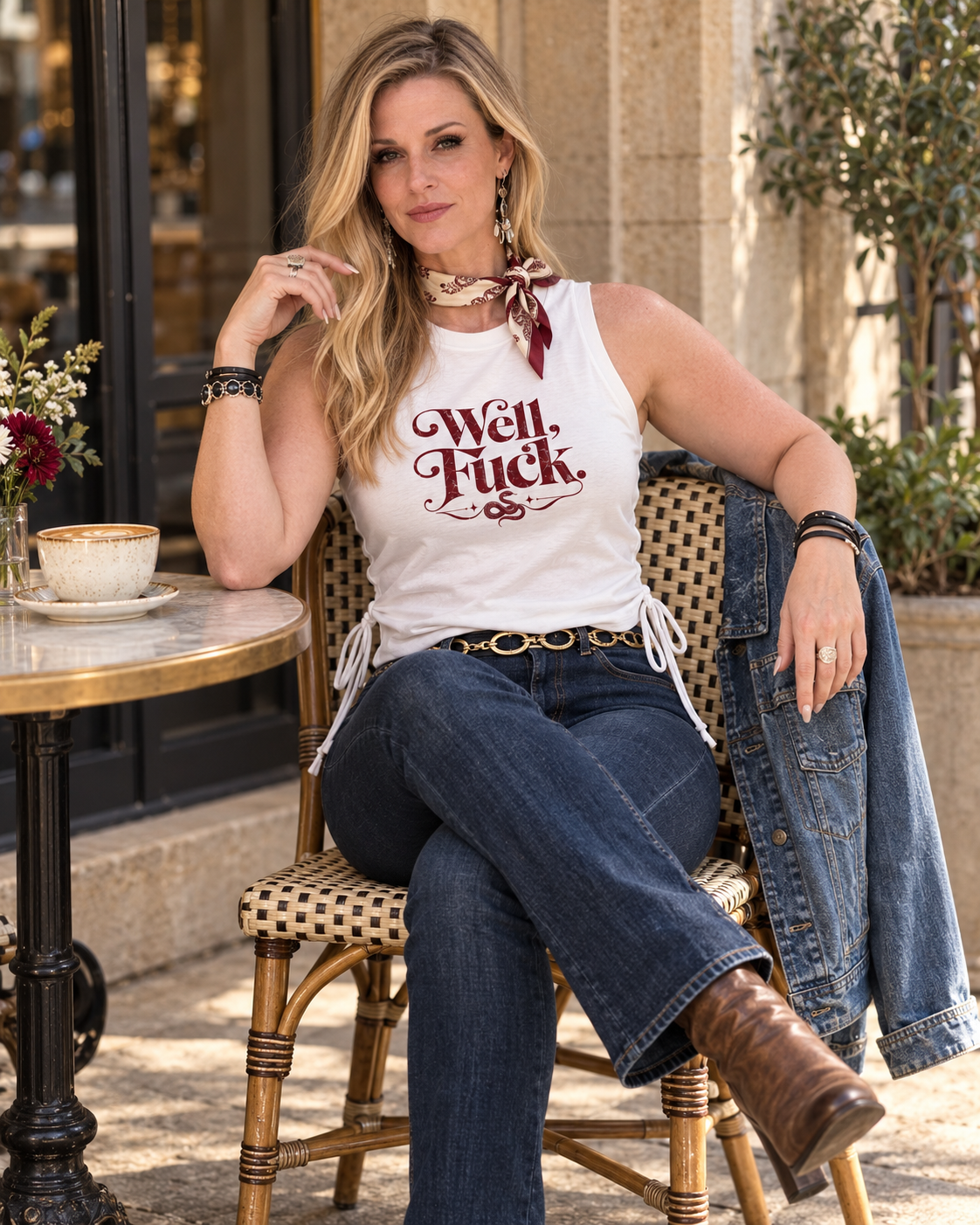 White Well, Fuck sleeveless tank with burgundy lettering and a snake detail — product view 1