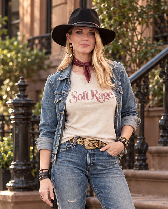 Light-apricot Soft Rage snow-washed tee with dusty-rose floral lettering — product view 1