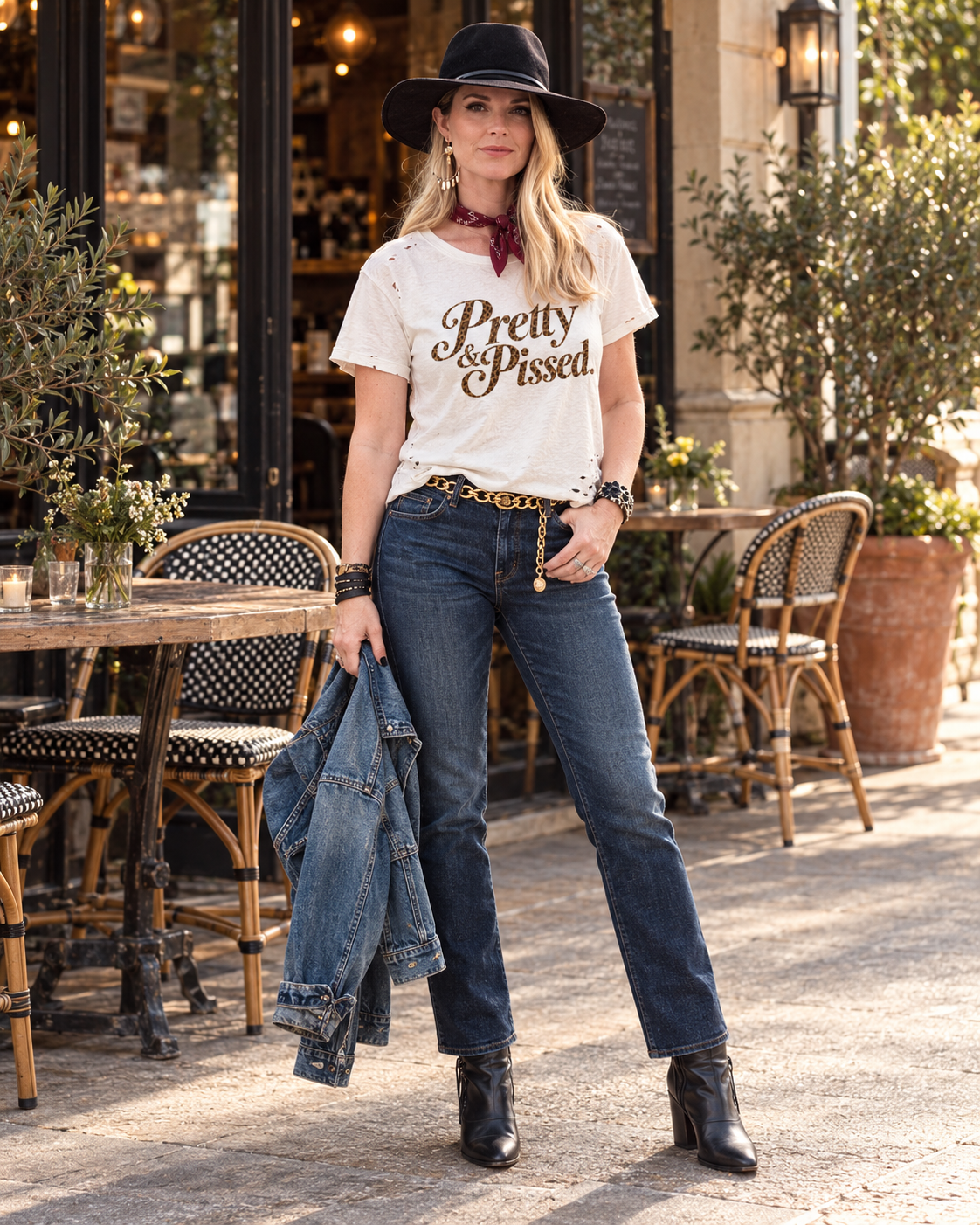 Pretty & Pissed frayed graphic tee with leopard-print lettering — product view 4
