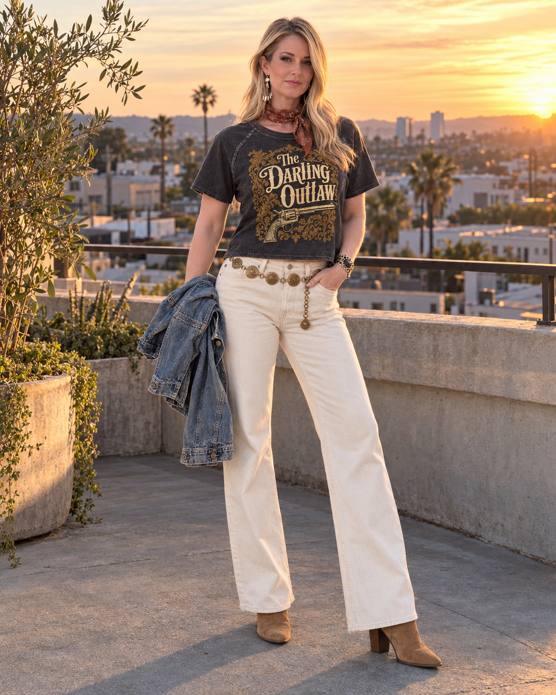 The Darling Applique raglan tee with antique-gold lettering and revolver artwork — product view 7