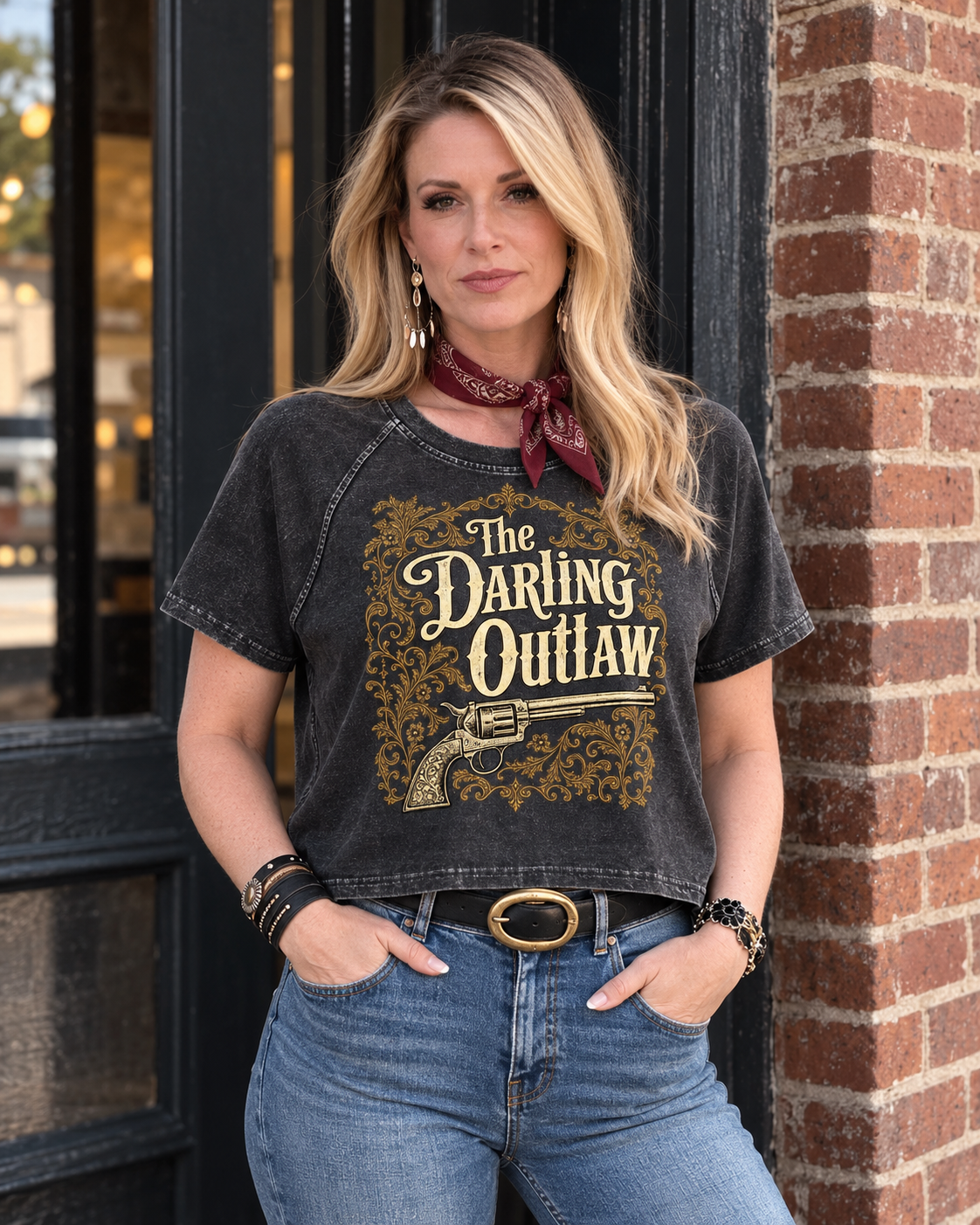 Black Darling Applique raglan tee with vintage lettering and antique-gold revolver graphic