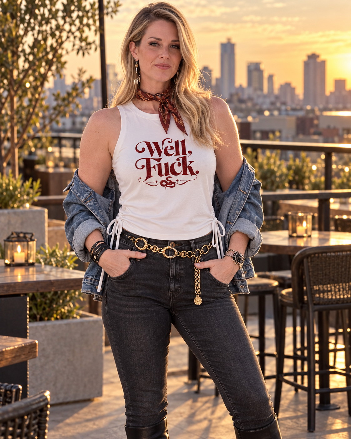 Well, Fuck tank styled with denim and a gold belt on a rooftop