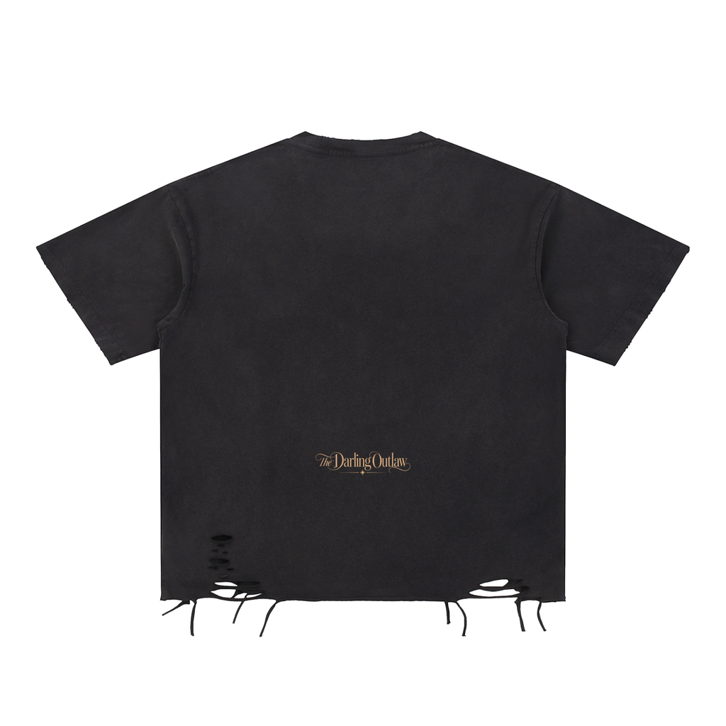 Black The Darling Outlaw distressed graphic tee with gold lettering and raw hem — product view 7