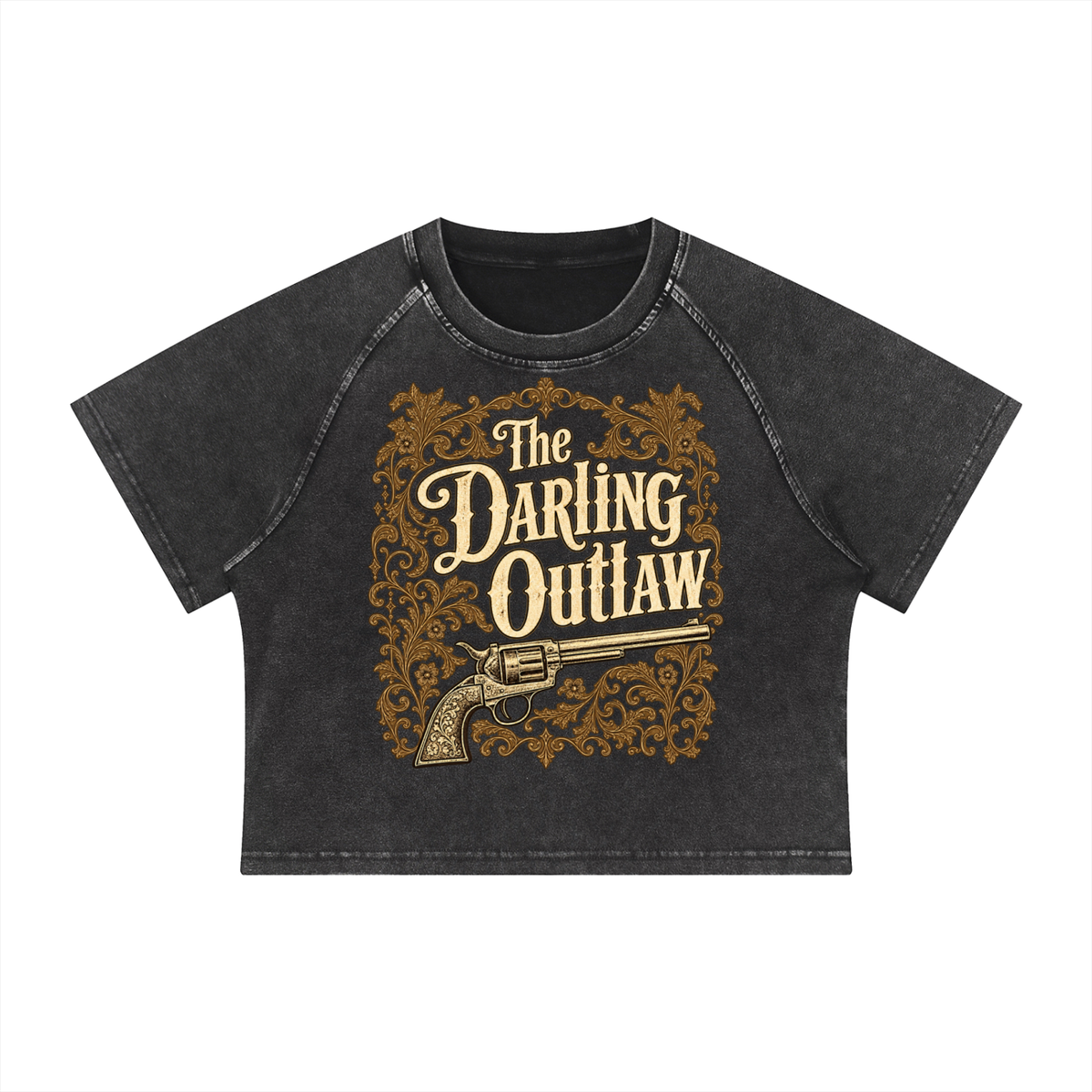 The Darling Applique raglan tee with antique-gold lettering and revolver artwork — product view 2