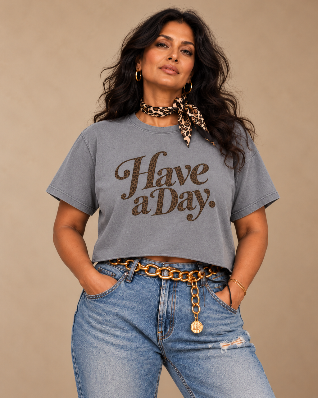 Gray Have a Day leopard-lettered cropped tee with raw hem — product view 7