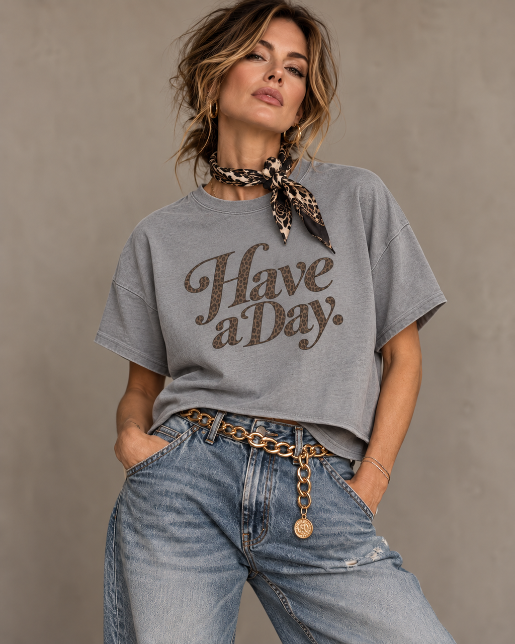 Have a Day cropped gray shirt with raw hem