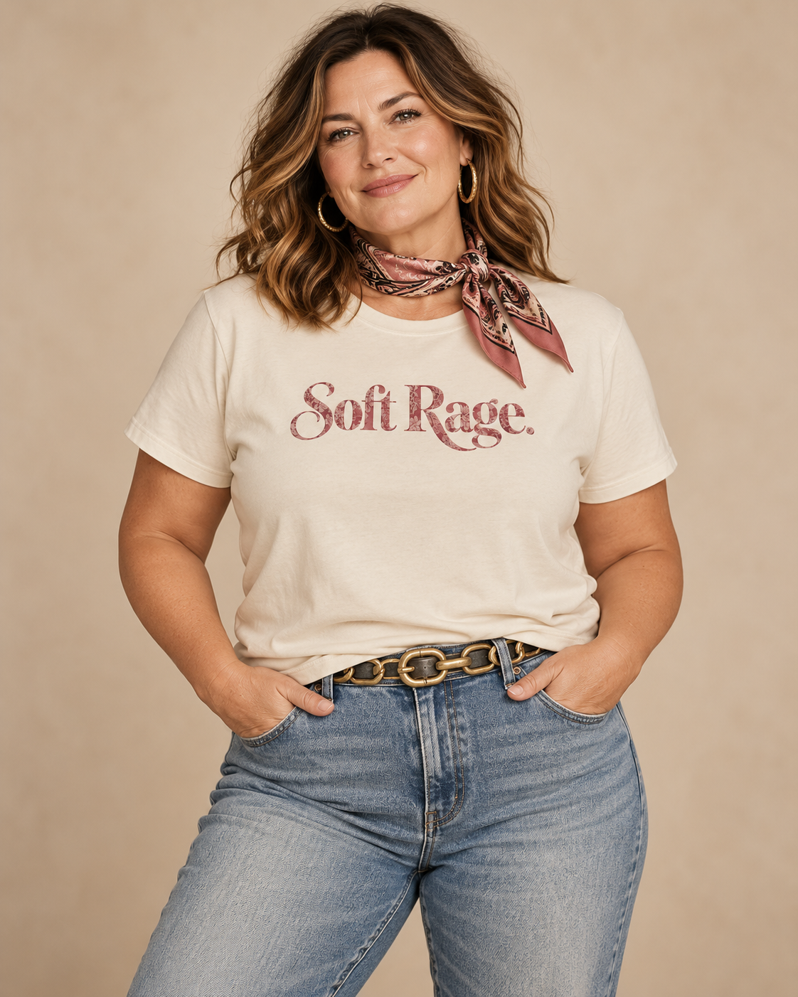 Soft Rage women's graphic tee in light apricot